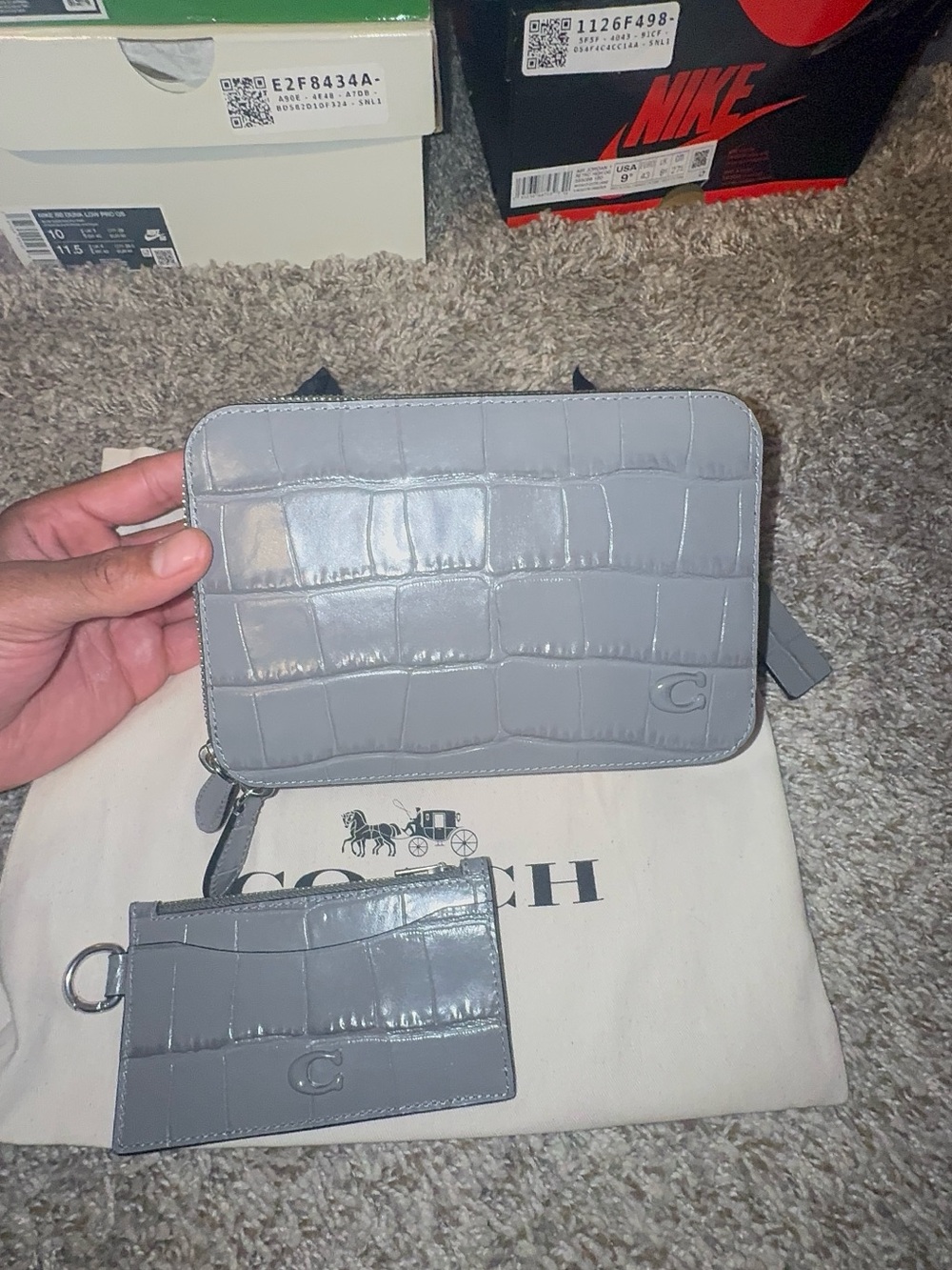 Coach Grey Croc-Embossed Zip Wallet with Matching Card Case